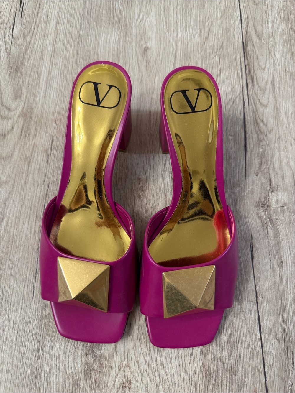 Valentino Garavani Fuchsia Leather Mules with Gold Pyramid Studs